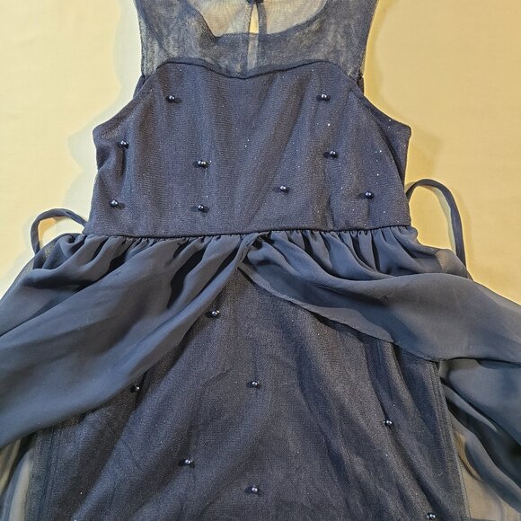 RMLA Girls 6X Blue Hi-Low Party Dress | Beaded Chiffon Sleeveless Overlay - Picture 5 of 9